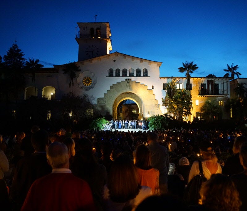 Thousands of people gathered for a candlelight vigil Jan. 14, 2018, in Santa Barbara, Calif., to mourn the victims of the Montecito mudslides.