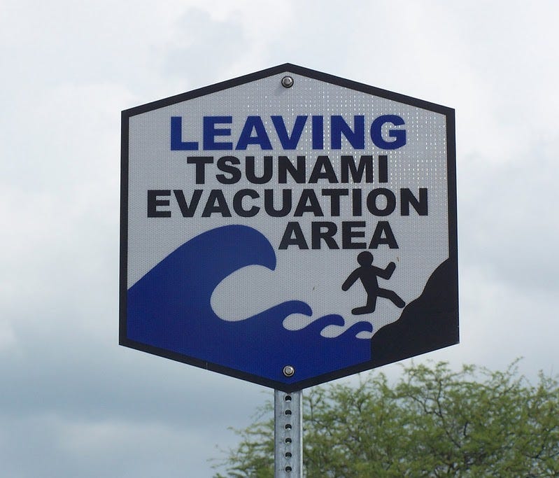 A sign in Hawaii informs us we're out of danger. We survived two tsunami warnings in Hawaii in two different years -- and we can't wait to go back.