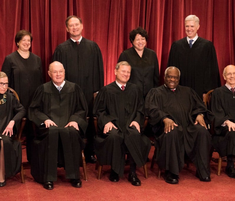 The Supreme Court. Seated from left: Ruth Bader Ginsburg, Anthony M. Kennedy, Chief Justices John G. Roberts, Clarence Thomas and Justice Stephen Breyer.   Standing behind from left, Elena Kagan, Samuel Alito Jr., Sonia Sotomayor and Neil Gorsuch. Was