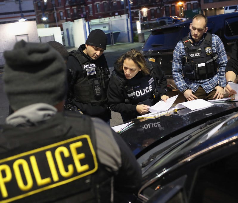 U.S. Immigration and Customs Enforcement (ICE) officers in New York City on April 11, 2018.