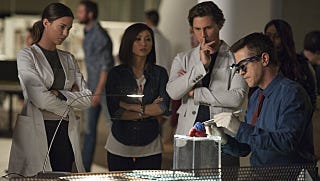 "Pure Genius" pilot on CBS starring from L-R: Odette Annable as Dr. Zoe Brockett, Brenda Song as Angie Cheng, Augustus Prew as James Bell, and Dermot Mulroney as Dr. Walter.