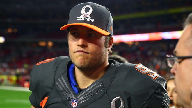 Team Irvin quarterback Matthew Stafford of the Detroit Lions looks on after the 2015 Pro Bowl.