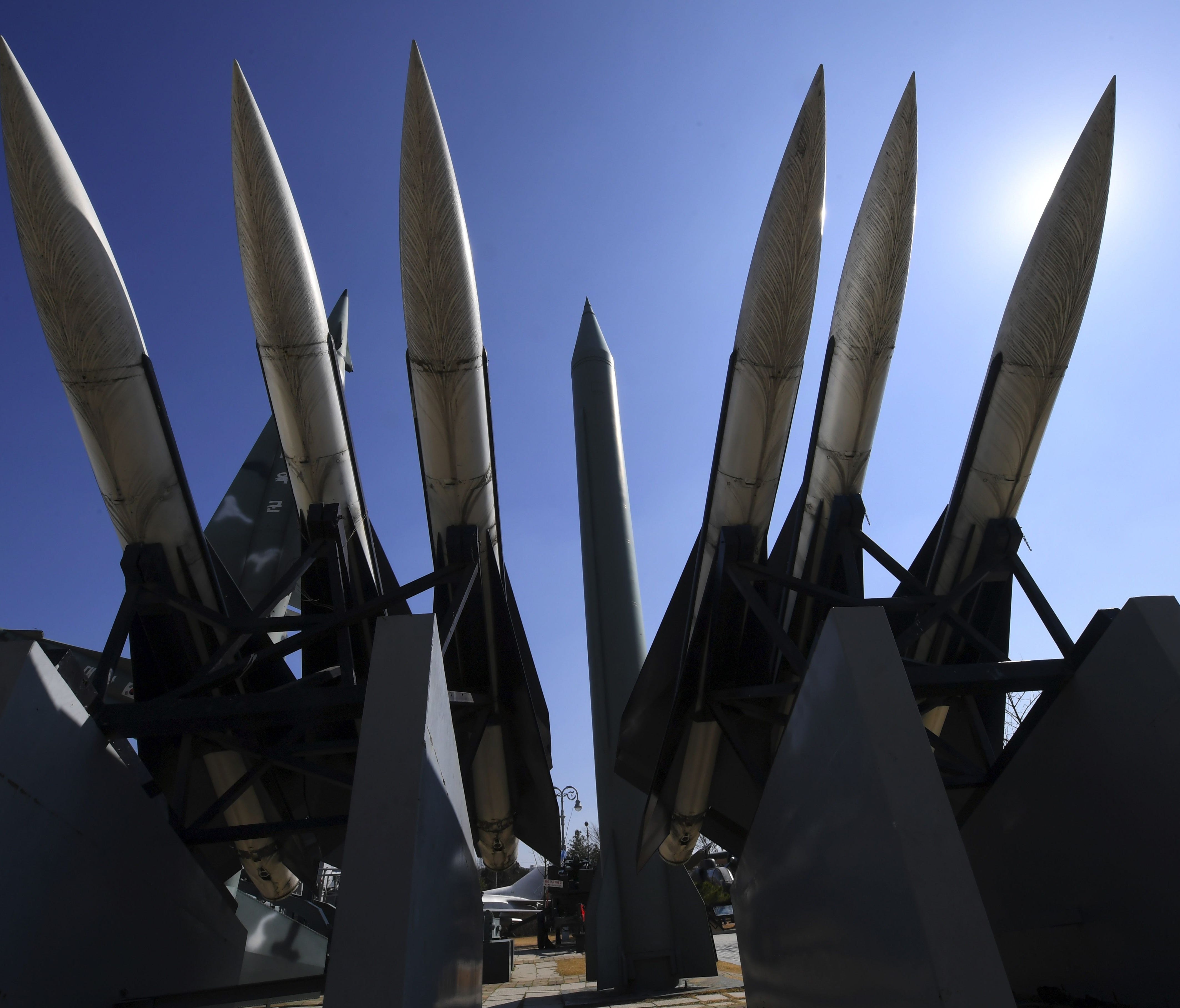 Replicas of a North Korean Scud-B missile (C) and South Korean Hawk surface-to-air missiles are displayed at the Korean War Memorial in Seoul.