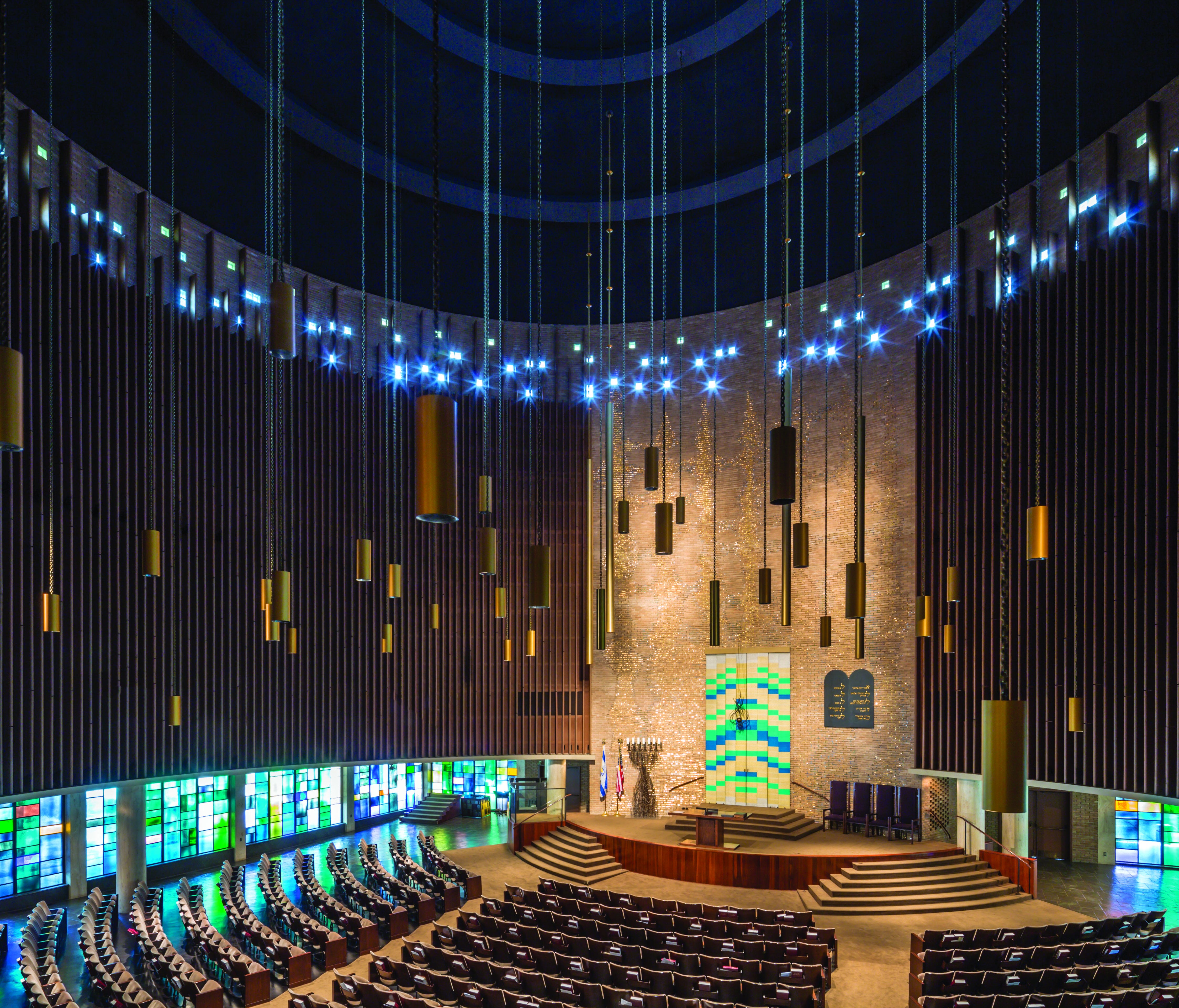 Temple Emanu-El, Dallas (Howard Meyer and Max Sandfield): Following its completion in 1957, Temple Emanu-El was widely hailed as a brilliant alliance of architecture and art. The temple, a cylindrical sanctuary with lofty walls and a shallow-domed ce