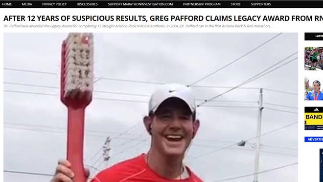 Phoenix dentist Greg Pafford is featured on the blog marathoninvestigation.com, which focuses on questionable results in long-distance running. One entry is titled, "After 12 years of suspicious results, Greg Pafford claims Legacy Award from RNR Marathon."