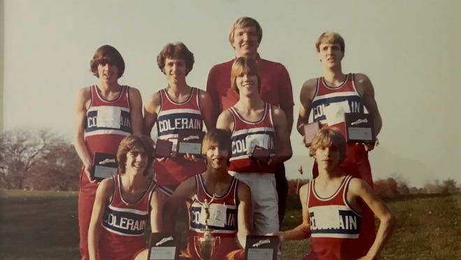 The 1978 Colerain High School cross country state championship team included, from left: Front Dave Denny, Ron Russo and Mike Best; middle, Mike Peters, Greg Wilcher, Frank Russo and Blair Hopkins; back, coach Ken Meibers.