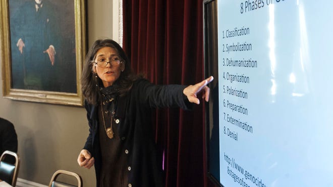 Author and anthropologist Dana Walrath speaks during a presentation on the genocide in Armenia during a commemoration of Armenian Day at the Statehouse in Montpelier on Tuesday.