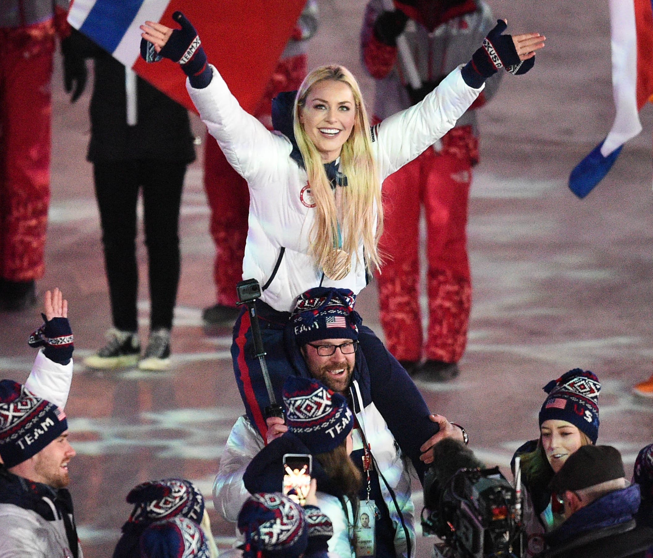 Feb 25, 2018; PyeongChang, South Korea; Lindsey Vonn arrives for the parade of athletes during the closing ceremony for the Pyeongchang 2018 Olympic Winter Games at Pyeongchang Olympic Stadium. Mandatory Credit: Kelvin Kuo-USA TODAY Sports