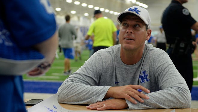 Defensive coordinator D.J. Eliot during the UK football fan day in Lexington, Ky., on Saturday, Aug. 6, 2016.