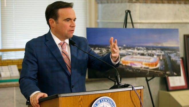 Mayor John Cranley speaks about a proposed financing package to pay for infrastructure in support of proposed soccer-specific stadium for FC Cincinnati from his office at Cincinnati City Hall in downtown on Friday, Nov. 17, 2017.