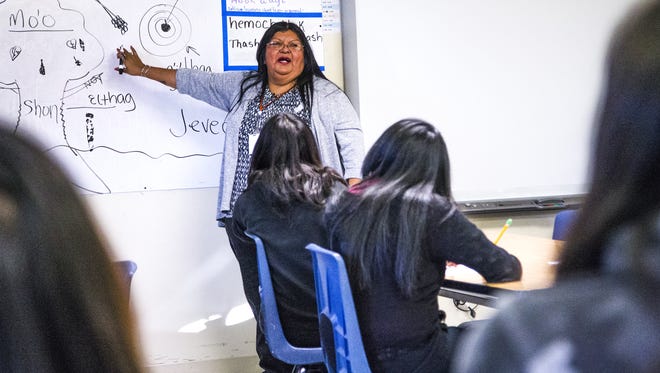 Barbara Parsons teaches the Akimel O'otham language at Gila Crossing Community School south of Phoenix.