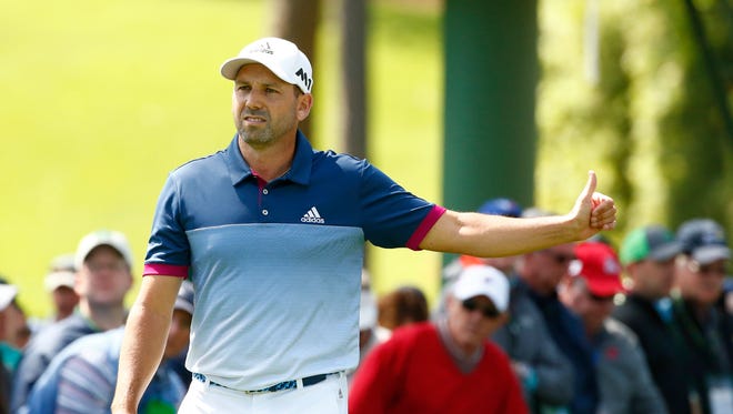 Sergio Garcia gestures as he walks off the 17th tee during the second round of the Masters on April 7.