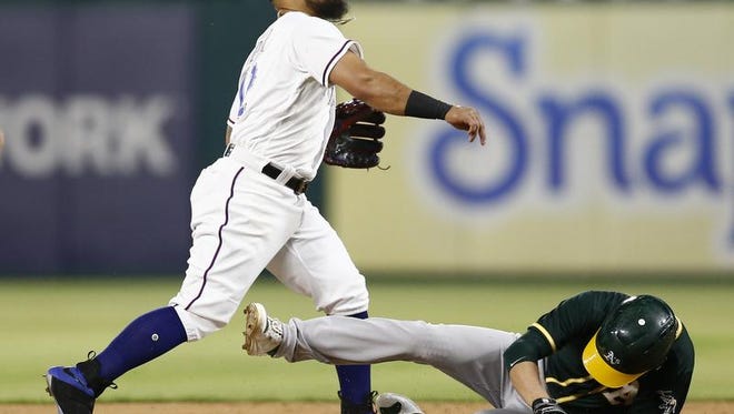 Texas Rangers second baseman Rougned Odor, left, throws to first base turning the first half of a double play on Oakland Athletics' Stephen Vogt during the sixth inning of a baseball game, Friday, April 7, 2017, in Arlington, Texas.  (AP Photo/Jim Cowsert)