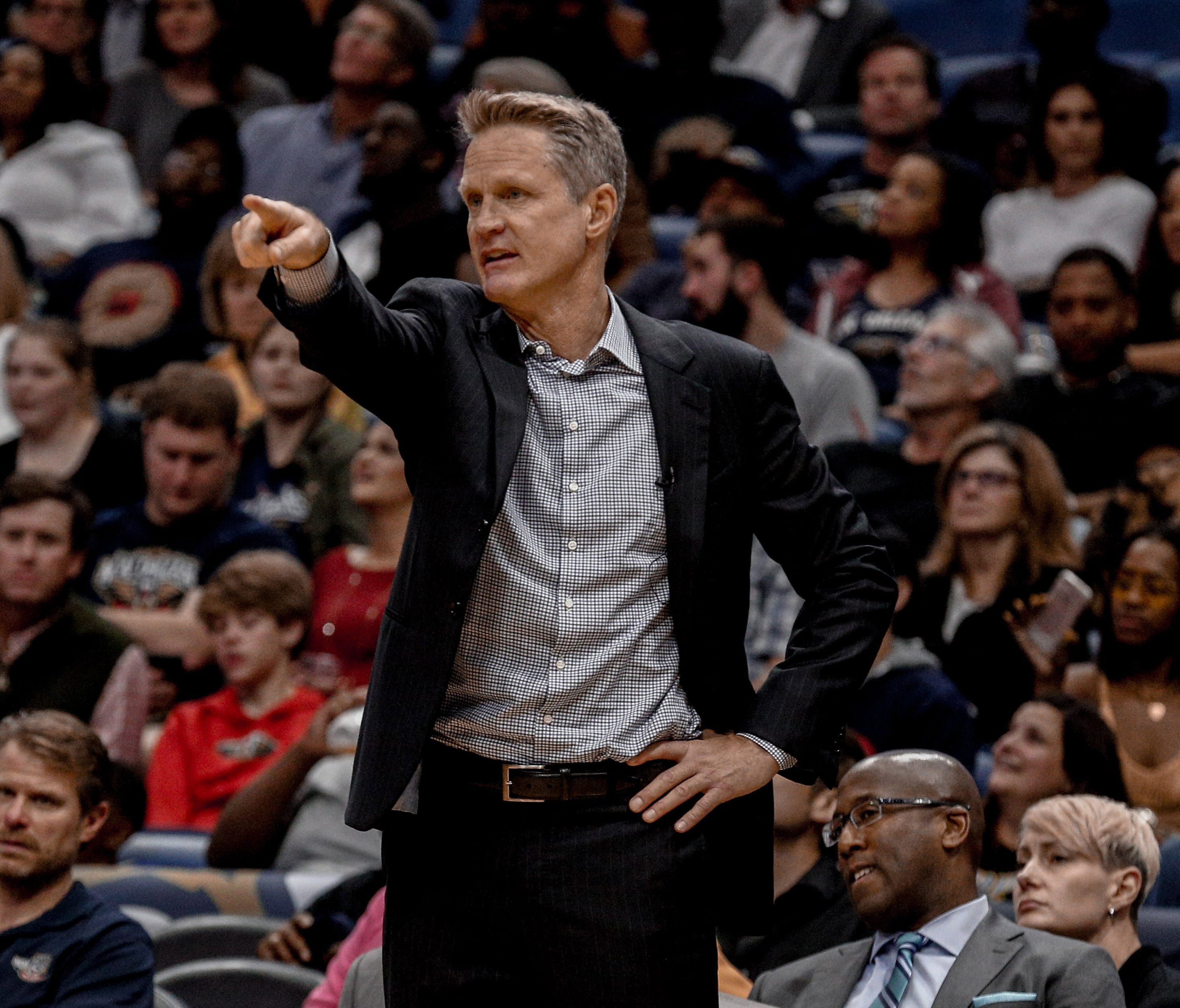 Golden State Warriors head coach Steve Kerr against the New Orleans Pelicans during the second half of a game at the Smoothie King Center.