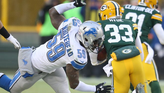 Lions linebacker Tahir Whitehead misses a tackle allowing the Packers punkt returner Micha Hyde to score on this first-half punt return on Sunday.