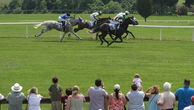 Tiger Jacques (5) with Darren Nagle up, heads for the lead and the win in the third race at the Fair Hill Races in Fair Hill, Md., in 2012. Th event is held on the 5,600-acre former estate of William du Pont Jr.