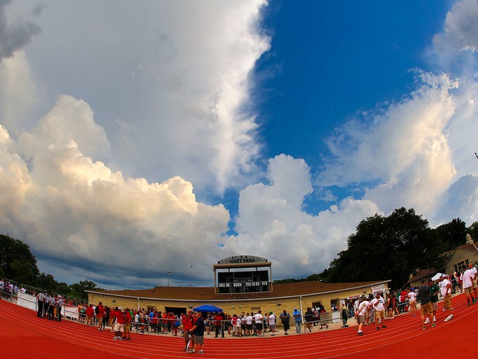 Storm clouds pass over Hart Park during a lightning