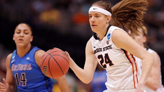 Oregon State guard Sydney Wiese (24) drives down the court as DePaul guard Jessica January (14) defends during the first half of an NCAA college basketball game in the regional semifinals of the women's NCAA Tournament Saturday, March 26, 2016, in Dallas.