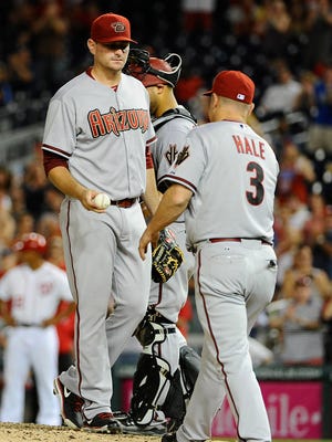 Aug. 3, 2015; Washington, D.C.; Diamondbacks reliever Daniel Hudson is removed from the game by manager Chip Hale during the ninth inning against the Washington Nationals at Nationals Park.
