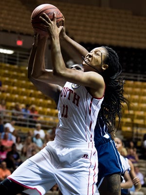 South's Maori Davenport (11), of Charles Henderson, grabs a rebound during the AHSAA All Star Girls Basketball game at the Acadome on the Alabama State campus in Montgomery, Ala. on Wednesday July 18, 2018.