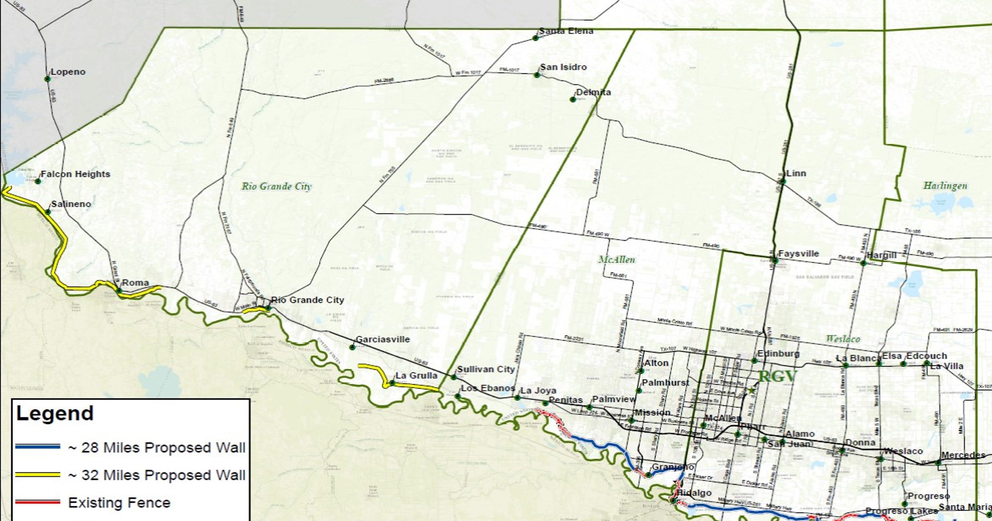 Map shows potential route of Trump's border wall in Texas