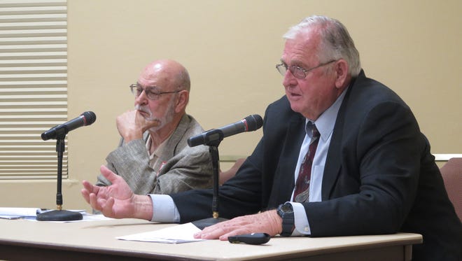 Paul Van Dam, left, and Ron Thompson debated Washington County's water future and the proposed Lake Powell Pipeline at a forum in the SunRiver area of St. George on Monday, Sept. 21, 2015.