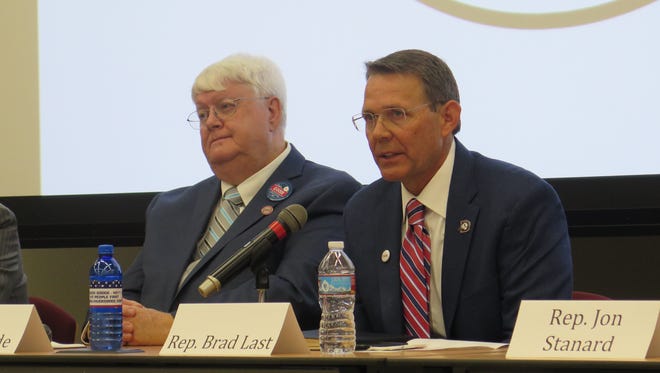 Chuck Goode (left) and Utah Rep. Brad Last, candidates for House District 71, debate during a candidate forum in 2016 at Dixie State University.