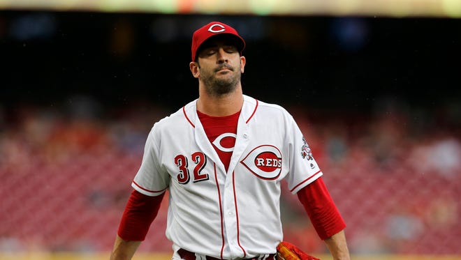 Cincinnati Reds starting pitcher Matt Harvey (32) returns tot he dugout after the top of the second inning of the MLB National League baseball game between the Cincinnati Reds and the St. Louis Cardinals at Great American Ball Park in downtown Cincinnati on Friday, June 8, 2018. The Reds trailed 2-1 after two innings. 