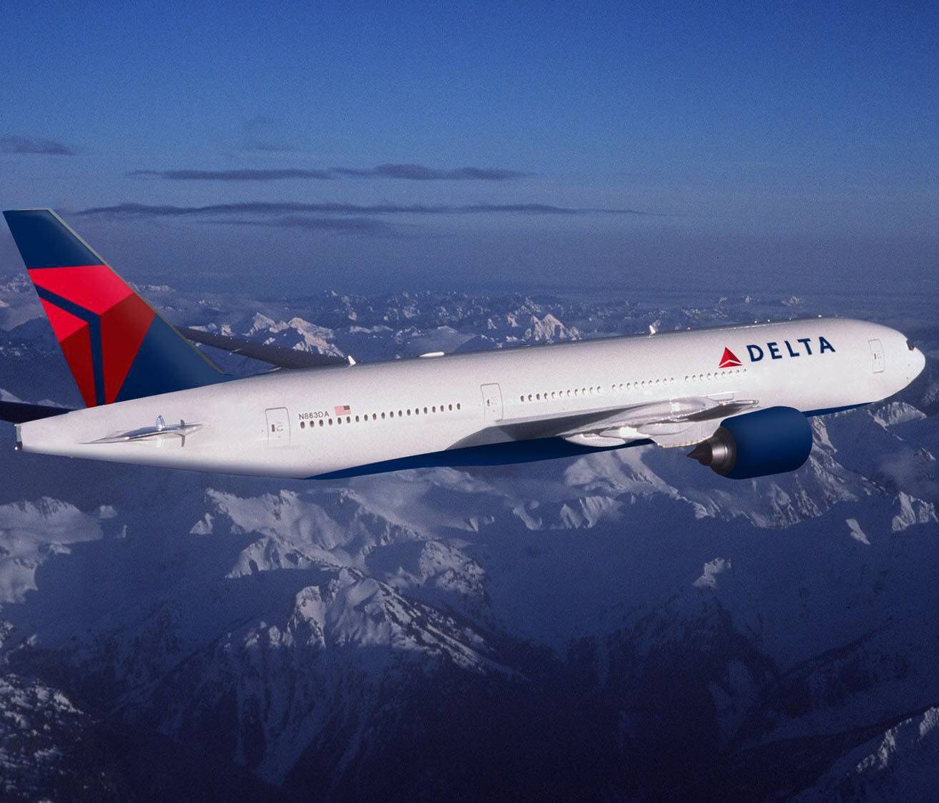A Delta Air Lines Boeing 777 in the carrier's most-recent livery.