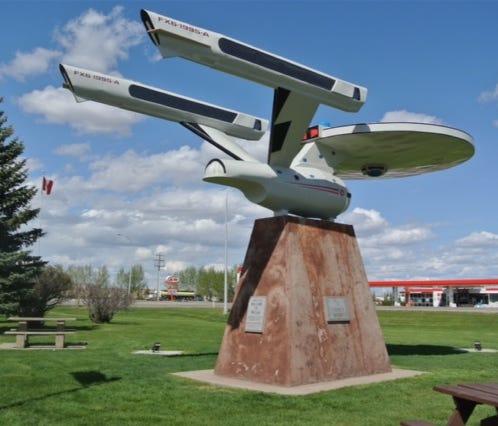 The tiny town of Vulcan, Canada, plays up its Trek connection with an Enterprise monument and Vulcon, a Trek festival scheduled for July 22-23.