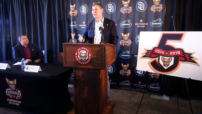 Chihuahuas Vice President and General Manager Brad Taylor, left, and MountainStar Sports Group President Alan Ledford announce Wednesday that the team will play an exhibition game at 6:35 p.m. March 26 at Southwest University Park. The game will kick off the Chihuahuas’ Fifth Season Celebration festivities. Wednesday’s announcement also included the official debut of the Fifth Season Celebration logo that will be used throughout the 2018 season and the addition of the 2017 division and conference championship flags on the Wall of Champions located in the outfield of Southwest University Park.