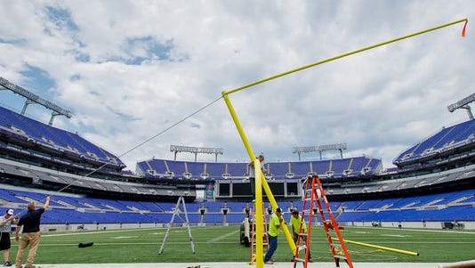 New goalposts are installed at Baltimore's M&T Bank Stadium.