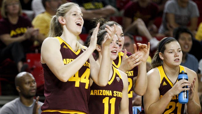 Arizona State's bench cheers in the fourth quarter against San Jose State at Wells Fargo Arena in Tempe on Sunday, Nov. 13, 2016. The Sun Devils defeated the Spartans 82-37.