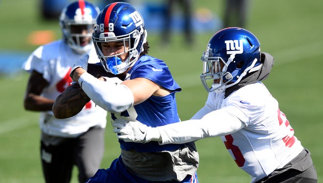 New York Giants tight end Evan Engram #88 participates in drills during the last day of mini camp in East Rutherford, NJ on Thursday, April 26, 2018.