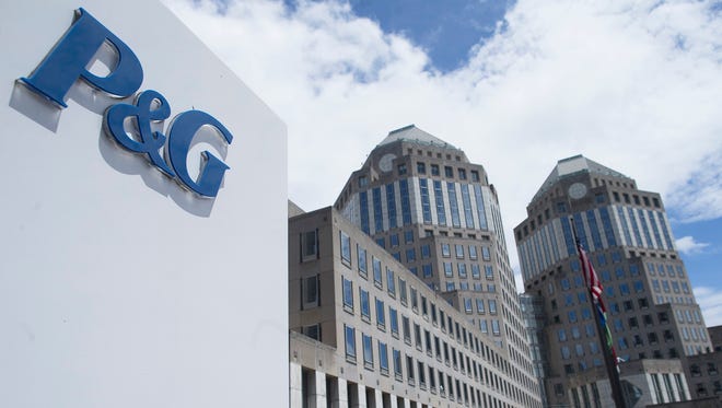 The Proctor & Gamble headquarters complex is seen in downtown Cincinnati. The consumer products giant reported Thursday, July 30, 2015, that annual profit fell 40%.