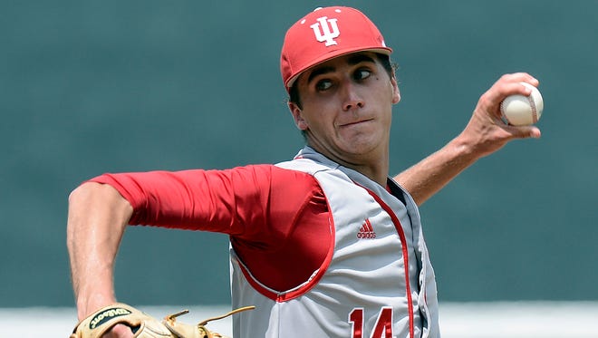 Indiana pitcher Kyle Hart (14) throws against Radford during the first inning of a game at the Nashville Regional of the NCAA college baseball tournament in Nashville, Tenn., Friday, May 29, 2015.