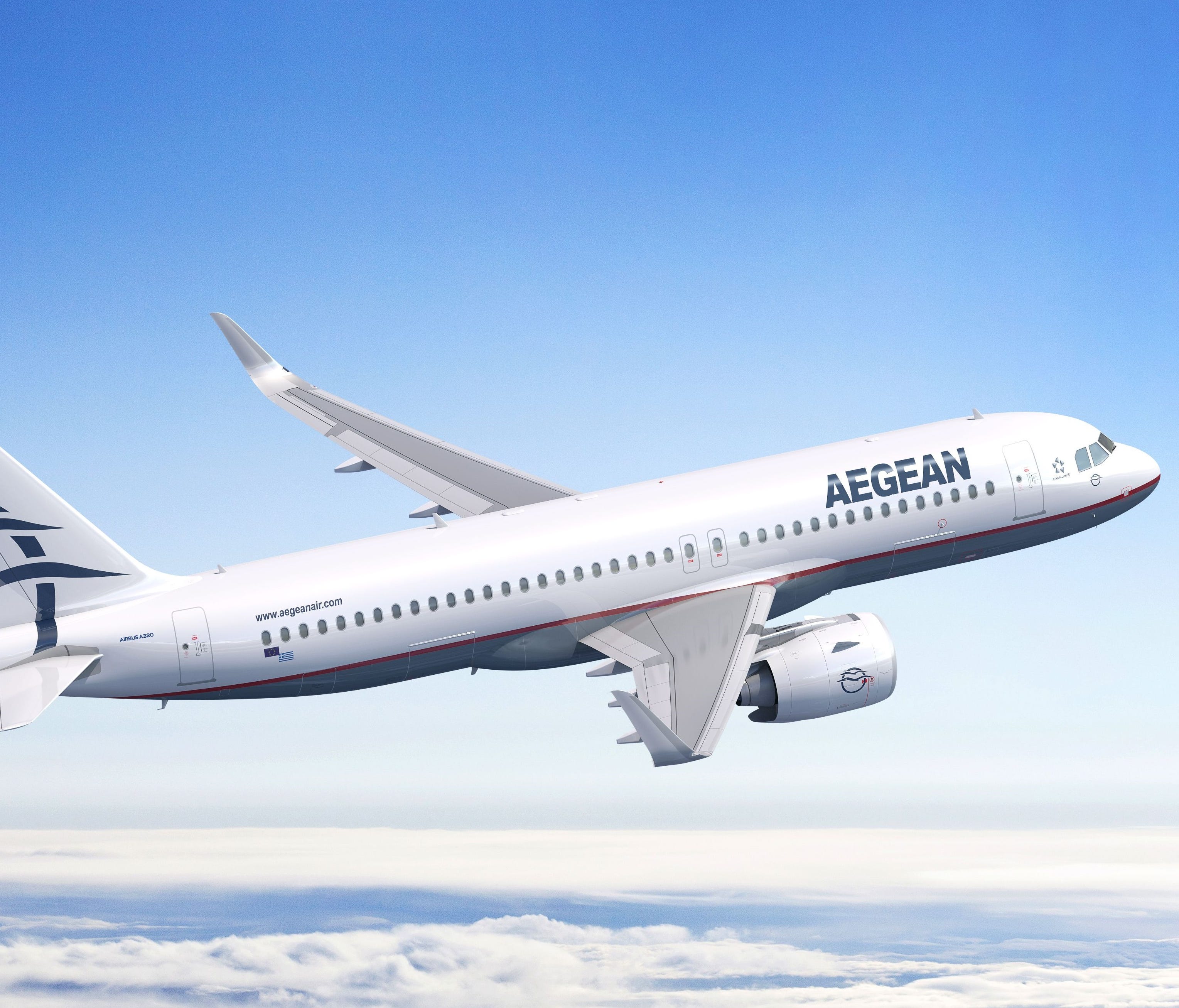 This rendering provided by Airbus shows an A320neo in the colors of Greek carrier Aegean Airlines.