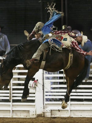 Tray Chambliss hangs on to his mount Frisky Chicken in the bareback bronc competition Sunday. 