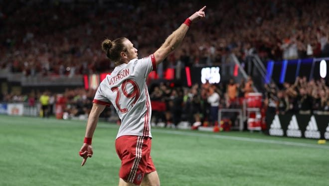 Atlanta United forward Jacob Peterson celebrates after scoring a goal in the second half against the Philadelphia Union at Mercedes-Benz Stadium.