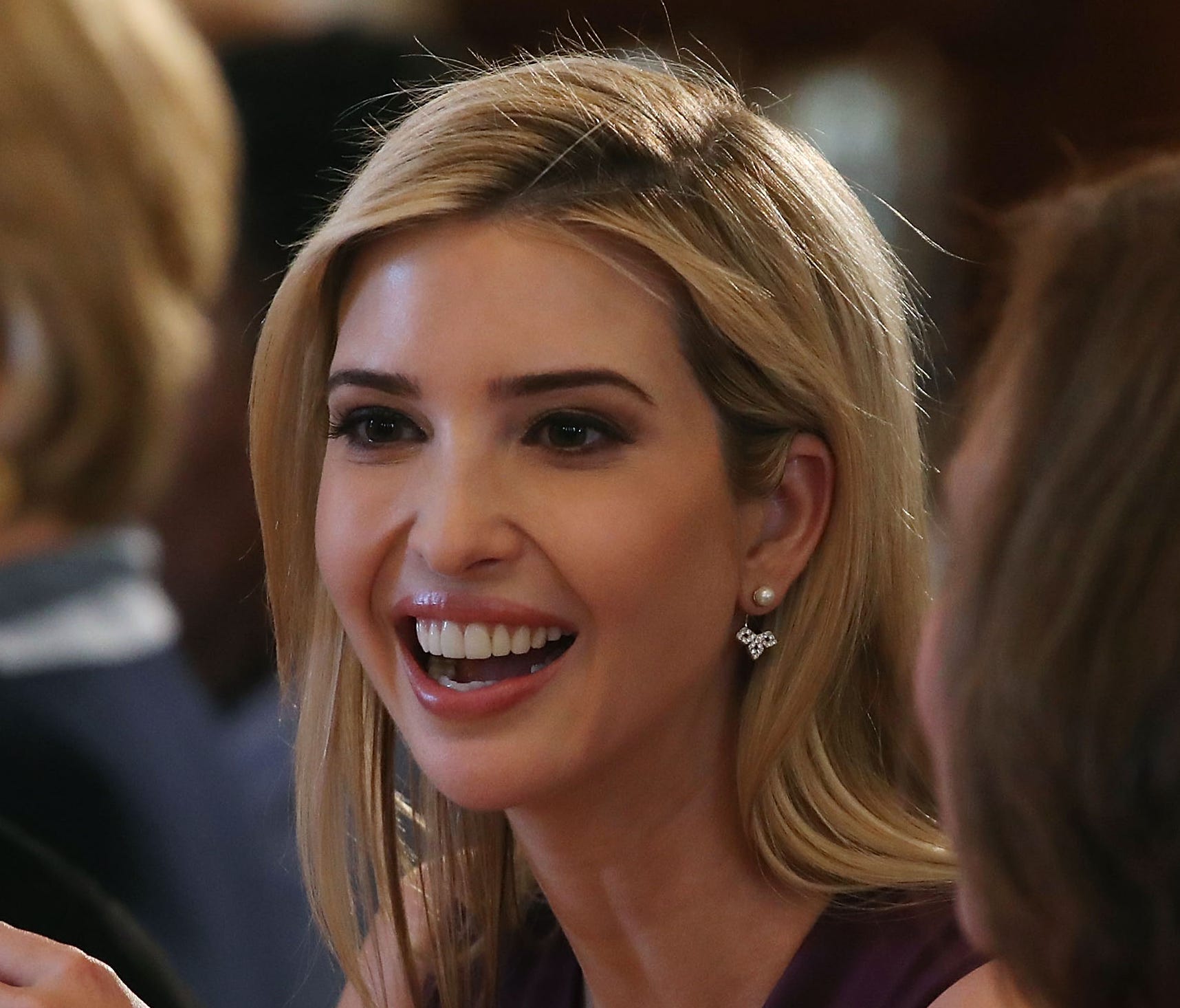 Presidential daughter Ivanka Trump attends at a luncheon she was hosting to mark International Women's Day in the State Dining Room on March 8