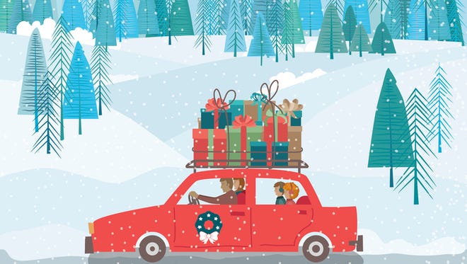 Cute Cartoon family driving a car with Christmas gifts on The Roof. There is a winter forest and snowy hills in the background.