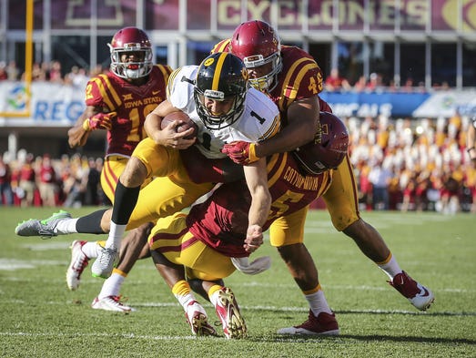 Iowa's (1) Marshall Koehn is stopped short of the goal