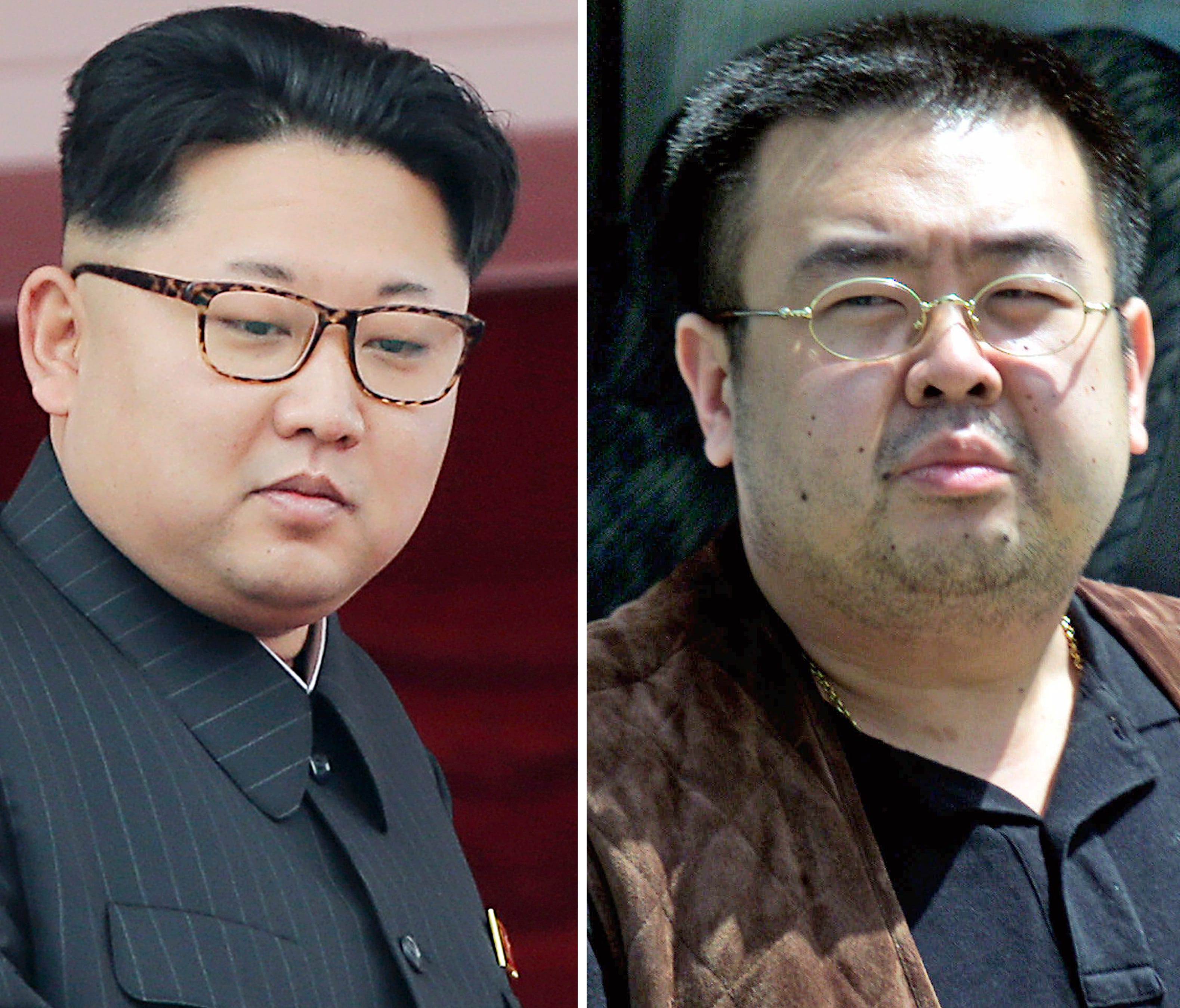This combination of file photos shows North Korean leader Kim Jong Un, left, on May 10, 2016, in Pyongyang, North Korea, and Kim Jong Nam, right, exiled half brother of Kim Jong Un, in Narita, Japan, on May 4, 2001.