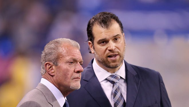 Indianapolis Colts owner Jim Irsay and Colts general manager Ryan Grigson before the Colts game against the Washington Redskins.
Indianapolis Colts defeated the Washington Redskins 49-27 Sunday, November 30, 2014, afternoon at Lucas Oil Stadium.