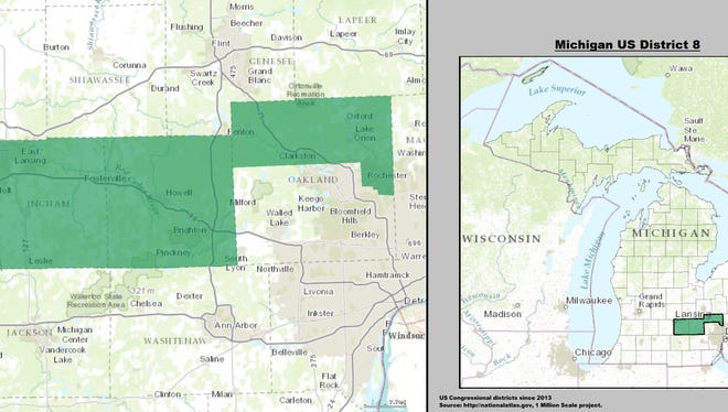"Michigan US Congressional District 8 (since 2013)" by 1: GIS (congressional districts, 2013) shapefile data was created by the United States Department of the Interior. 2: Data was rendered using ArcGIS® software by Esri. 3: File developed for use on Wikipedia and elsewhere by 7partparadigm. - GIS shapefile data created by the United States Department of the Interior, as part of the "1 Million Scale" geospatial data project. Retrieved from: http://nationalatlas.gov/atlasftp-1m.html?openChapters=#chpbound.