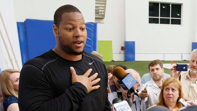 Detroit Lions defensive tackle Ndamukong Suh answers questions May 21, 2014.