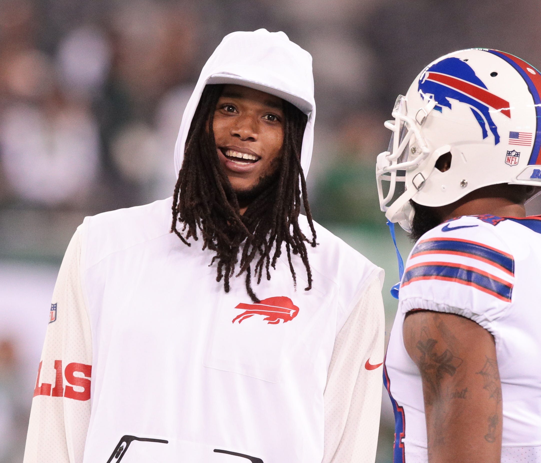 Buffalo Bills wide receiver Kelvin Benjamin (left) talks with wide receiver Zay Jones (11) before his game against the New York Jets at MetLife Stadium.