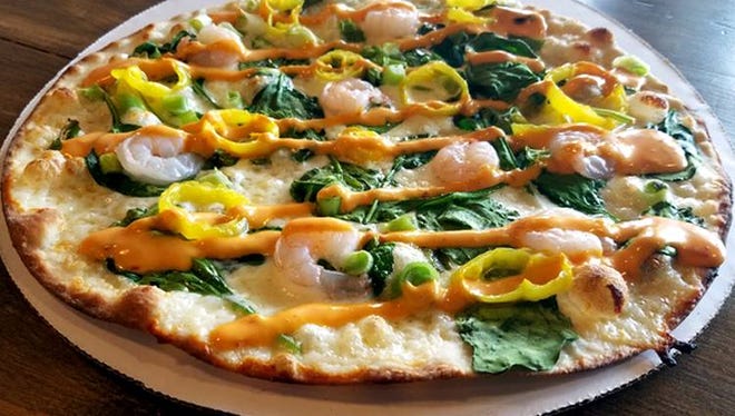 This month's specialty pizza: Bang Bang Shrimp.