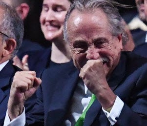 From left, Canada's Steve Reed, America's Carlos Cordeiro and Mexico's Decio de Maria Serrano celebrate June 13, 2018, in Moscow.
