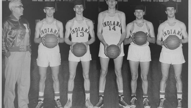Seniors of the 1953-1954 IU basketball team taken early 1954 (L to R) Coach Branch McCracken, Dick Farley, Charlie Kraak, Lou Scott, Jim Deakyne, and Bob Leonard.   "slick leonard"